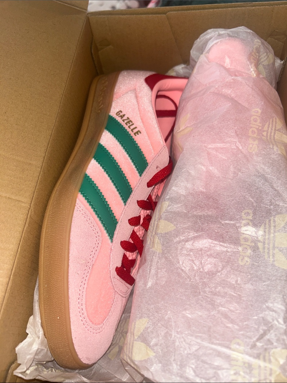 adidas Pink Suede Gazelle with Green Stripes and Red Accents